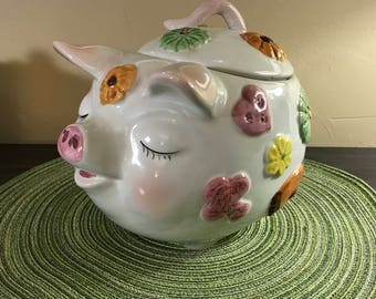 PIG COOKIE JAR 1950s Italy Hand painted pink pastels Sleepy Pig with cookie decorations Mid Century Modern Collectible Kitchen Kitsch