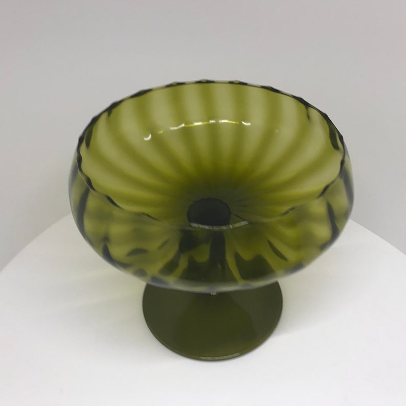 EMPOLI ITALY COMPOTE in Olive green Mid Century Modern hand blown fluted optic glass 1960s Mad Men Era coffee table candy dish art glass