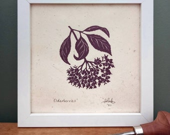 Mini 'Elderberries' Lino Print, Hand-Pulled Botanical Art on Lokta Paper