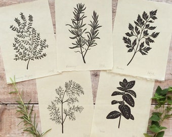 Zestaw linorytów ziołowych: ręcznie robione odbitki, oryginalna sztuka botaniczna