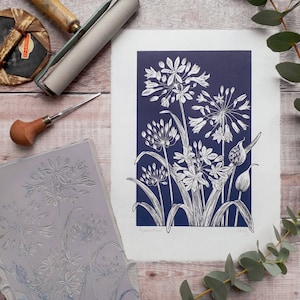 Agapanthus Flowers Linoprint. Hand-pulled Botanical Print on - Etsy