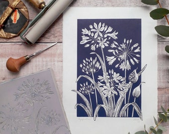 Linodruk Agapanthus A4: Ręcznie rysowana sztuka botaniczna na japońskim papierze Hosho