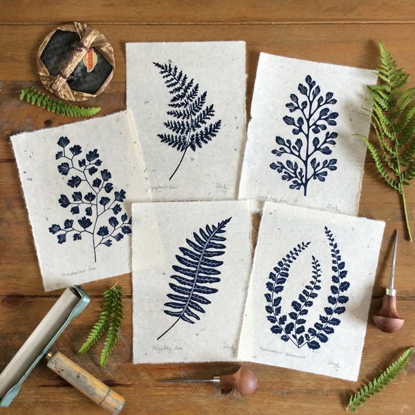Fern Linoprints. Hand-pulled Original Botanical Print in Blue. 30gsm Washi Paper. Choose From a Selection of Ferns. Set of 1, 2, 3, 4 or 5.