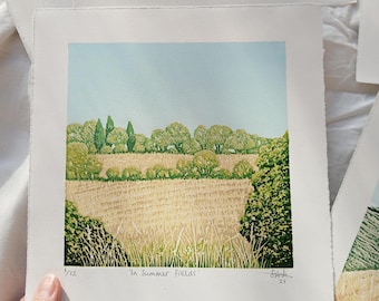 W linorycie Summer Fields. Limitowana edycja, ręcznie wykonany, oryginalny wydruk w obniżonej cenie.