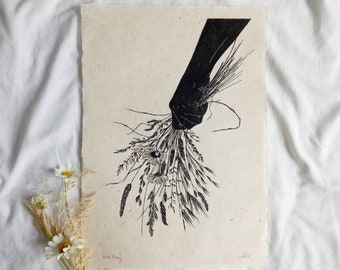 A3 „Wild Posy” Łąka Trawy Linoryt: Botaniczna Sztuka Ścienna na Papierze Lokta