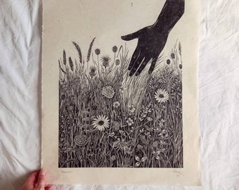 A2 'Meadow': Hand-Pulled Lino Print. Botanical Wall Art on Lokta Paper