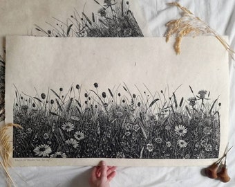 Between the Meadow and the Sky Lino print. Hand-pulled Botanical Print in Black on Natural Lokta Paper. 40 x 70cm Original Wall Art.