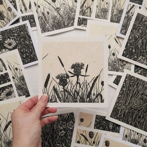 Meadow Collage Kartenset ~ 4er Pack. Lucky Dip Auswahl von 4 Karten. Original Hand Linoldruck Designs. 250gsm Karte mit Kraftpapier Umschlägen.