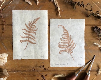 Linoryt „Copper Bracken Fern”: ręcznie rysowany botaniczny wydruk na papierze Lokta (5x7)