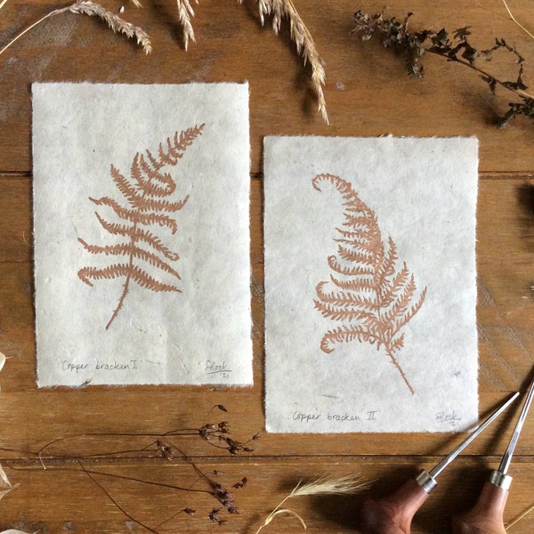 Linolschnitt „Kupferfarbener Adlerfarn“: Handgezogener botanischer Druck auf Lokta-Papier (5x7)