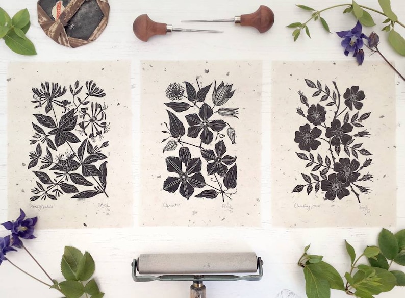 Climbing Flower Linoprints. Choice of Clematis Wild Rose & image 0