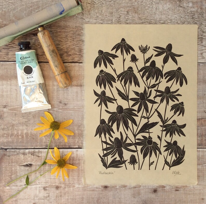 Download Rudbeckia Flower Linoprint. Hand-pulled Botanical Print on | Etsy