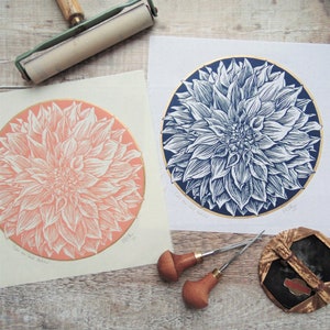 Cafe au Lait Dahlia Flower Linoprint. Hand-pulled Botanical Print on Delicate Japanese Paper in Dark Blue or Clay Pink. Original Wall Art.