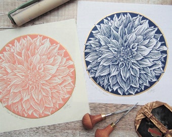 Cafe au Lait Dahlia Flower Lino print. Hand-pulled Botanical Print on Japanese Paper.