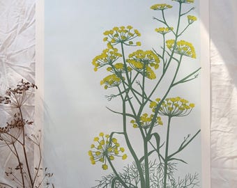Linoryt A2 „Fennel - Letnie Niebo”. Ręcznie wykonany wydruk botaniczny. Oryginalna sztuka ścienna.