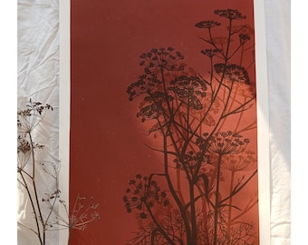 Linoryt A2 „Fennel - Letnie Cienie”. Ręcznie wykonany druk botaniczny. Oryginalna sztuka ścienna.