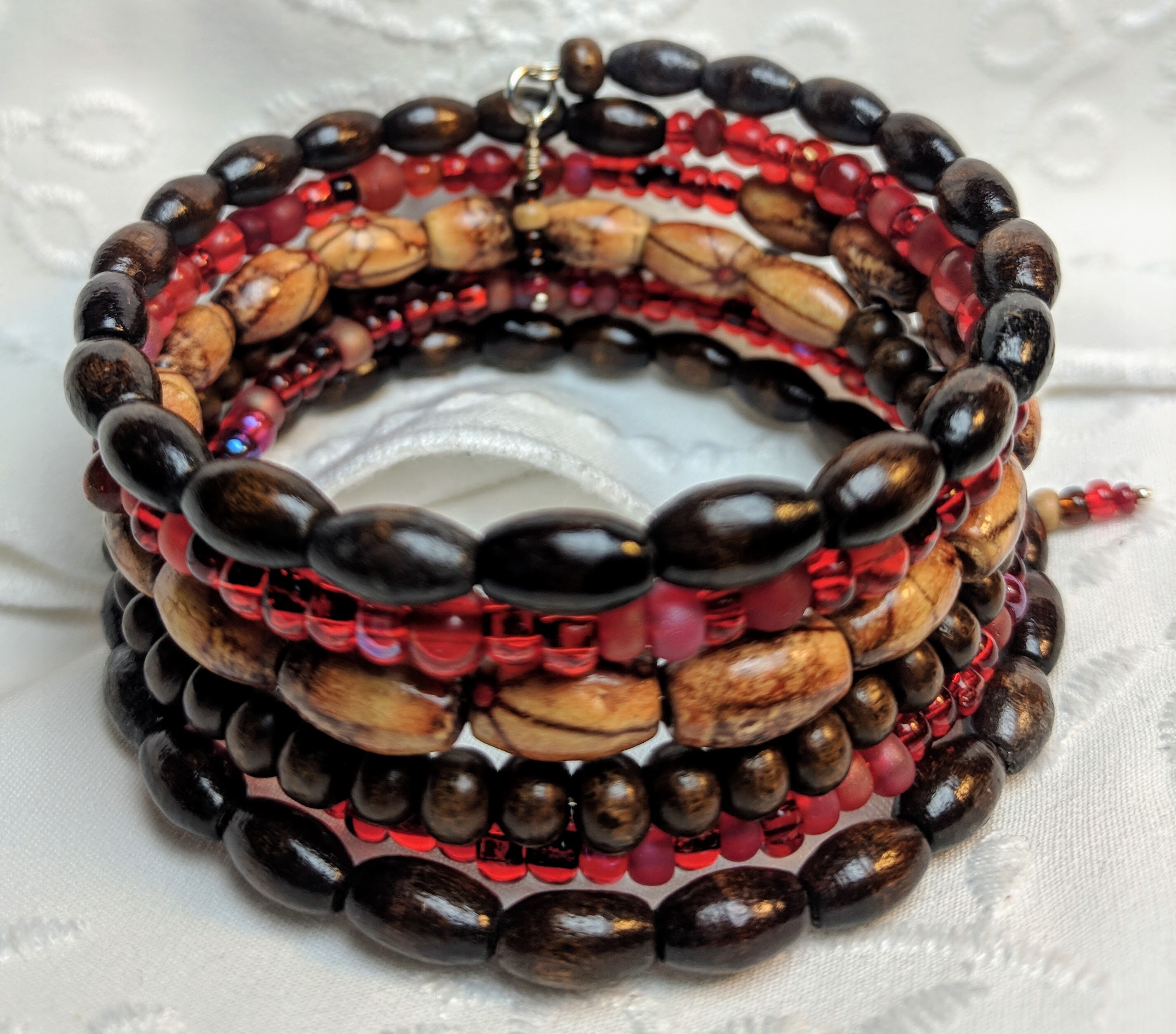 Wood Bead Red Bead Memory Wire Bracelet - Etsy