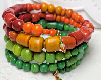 Memory Wire Wrap Bracelet, Beautiful Reds, Greens and Oranges, Glass Beads