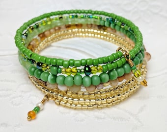 Memory Wire Bracelet Green, Gold, Tan Glass Beads