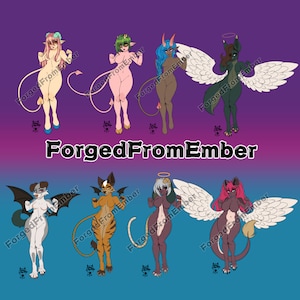 May include: Digital illustration of eight different characters with various animal features, including a cat, dog, and dragon. Each character has a different color scheme and is depicted with either angel wings or a devil's tail. The characters are all standing on a purple and blue background.