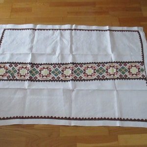 Vintage tablecloth, hand embroidered tablecloth, cross stitch folk motifs