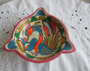 cenicero vintage, cuenco, cerámica hecha a mano, patrón de pájaros coloridos