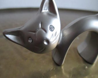 Ring holder, cat figure Walter Bosse, metal, crystal eyes, silver, vintage