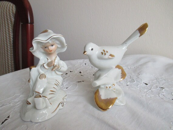Vintage Figuren, Porzellan Figuren, Mädchen und Vogel