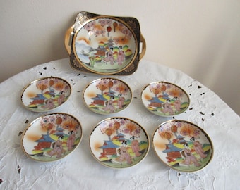 Juego de porcelana de 7 piezas, vintage, Japón, estilo geisha, pintado a mano.