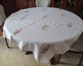 Vintage tablecloth, colorful floral embroidery,  hand-embroidered