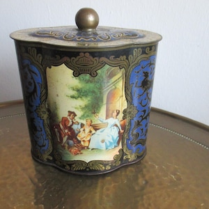 Vintage tin can, Art Nouveau, family scenes, shabby chic