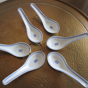 Chinese Soup Spoons , Set of 6 Blue White,  Porcelain spoons