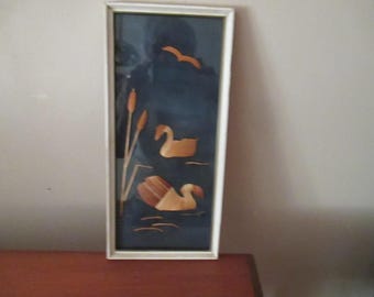 Cuadro antiguo de paja, incrustación de paja, RDA, década de 1960, enmarcado detrás de cristal.