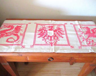 Vintage table runner, linen table runner, handmade, red dragon embroidery