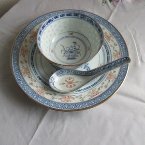 Vintage  asian porcelain,  bowl with spoon and plate, Chinese blue, white,red,gold porcelain bowl,  stamped,