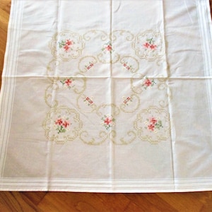Vintage Hand Embroidered Tablecloth,  cross stich,Multi-color Flowers
