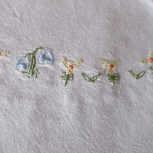 Puede incluir: Tela blanca con flores bordadas en tonos azules, amarillos y naranjas. Las flores est&aacute;n dispuestas en una fila a lo largo del borde inferior de la tela.