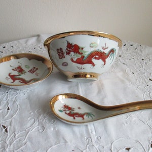 Set of large rice bowl, small bowl and spoon, red dragon, stamped