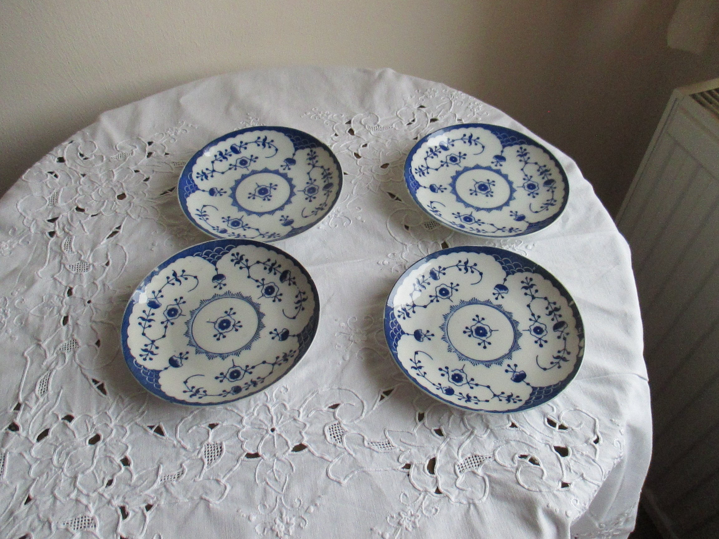 Vintage 4 saucers, porcelain, cherry blossom pattern, fine china, blue white Japan