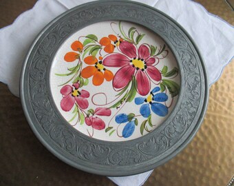 vintage plate, vintage wall plate, tin framed