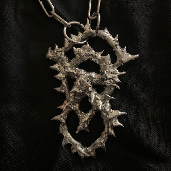 Cyber Sigilism Tribal Soft Solder Silver Jewelry Upcycled Pendant Necklace - dreamy angelic gothic y2k alt chunky spiked
