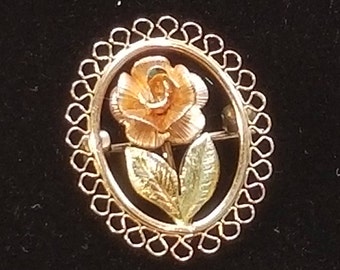 VTG Krementz Oval Rose Motif Pin Brooch Tri-Color Gold Plate with Lifetime Warranty