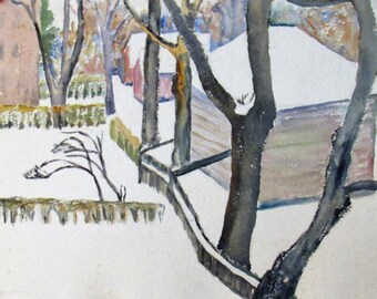 Vintage FRANCES HALL HERRING (1898-1973) Original Watercolor Landscape "Snowy Backyard"