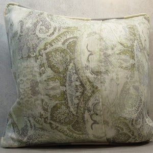 BESPOKE ACCENT PILLOW Covers 18-20 Square, Frayed Flower Embellishment, Custom-Corded, Vtg Button, Blue Gray Sage image 3