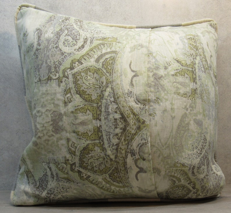 BESPOKE ACCENT PILLOW Covers 18-20 Square, Frayed Flower Embellishment, Custom-Corded, Vtg Button, Blue Gray Sage image 3