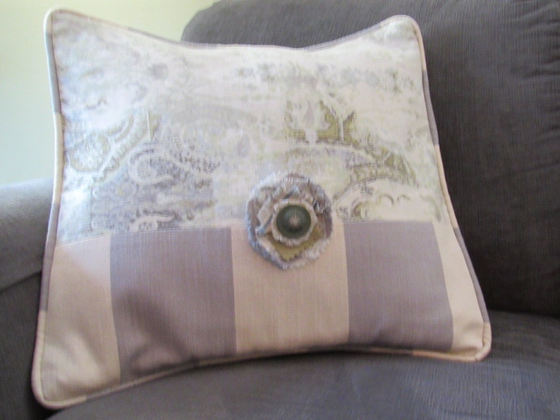 BESPOKE ACCENT PILLOW Covers 18-20 Square, Frayed Flower Embellishment, Custom-Corded, Vtg Button, Blue Gray Sage image 1