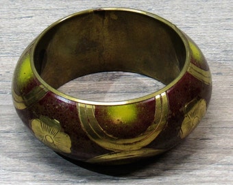 VTG 1960-70s BANGLE BRACELET, Domed, Brass & Enamel (or Horn?) Inlaid, Midcentury Retro Boho Hippie Gypsy