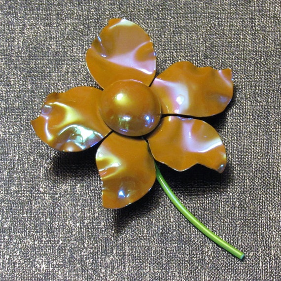 Flower Power 1960/'s Flower Brooch Hippie Brooch Brown and Orange