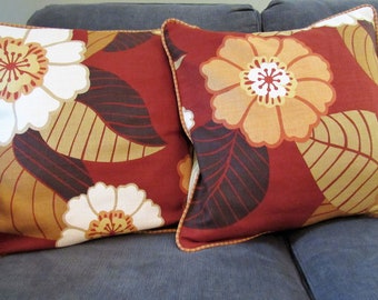 Choice of 2 BESPOKE ACCENT PILLOW Covers 18" Square, Flower Power Tomato Colorway Cotton Weave, Throw Pillow Cushion