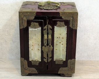 VTG Chinese Bridal Jewelry Box with 4 Carved Jade Panels, Camphorwood, Brass Fittings, Red Silk-Lined Drawers